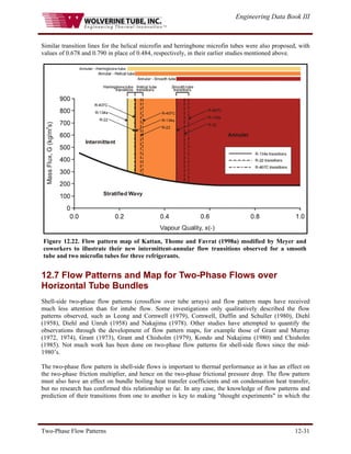 Engineering Data Book III
Two-Phase Flow Patterns 12-31
Similar transition lines for the helical microfin and herringbone microfin tubes were also proposed, with
values of 0.678 and 0.790 in place of 0.484, respectively, in their earlier studies mentioned above.
Figure 12.22. Flow pattern map of Kattan, Thome and Favrat (1998a) modified by Meyer and
coworkers to illustrate their new intermittent-annular flow transitions observed for a smooth
tube and two microfin tubes for three refrigerants.
12.7 Flow Patterns and Map for Two-Phase Flows over
Horizontal Tube Bundles
Shell-side two-phase flow patterns (crossflow over tube arrays) and flow pattern maps have received
much less attention than for intube flow. Some investigations only qualitatively described the flow
patterns observed, such as Leong and Cornwell (1979), Cornwell, Duffin and Schuller (1980), Diehl
(1958), Diehl and Unruh (1958) and Nakajima (1978). Other studies have attempted to quantify the
observations through the development of flow pattern maps, for example those of Grant and Murray
(1972, 1974), Grant (1973), Grant and Chisholm (1979), Kondo and Nakajima (1980) and Chisholm
(1985). Not much work has been done on two-phase flow patterns for shell-side flows since the mid-
1980’s.
The two-phase flow pattern in shell-side flows is important to thermal performance as it has an effect on
the two-phase friction multiplier, and hence on the two-phase frictional pressure drop. The flow pattern
must also have an effect on bundle boiling heat transfer coefficients and on condensation heat transfer,
but no research has confirmed this relationship so far. In any case, the knowledge of flow patterns and
prediction of their transitions from one to another is key to making "thought experiments" in which the
 