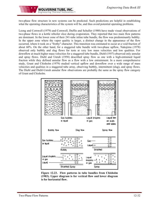 Engineering Data Book III
Two-Phase Flow Patterns 12-32
two-phase flow structure in new systems can be predicted. Such predictions are helpful in establishing
what the operating characteristics of the system will be, and thus avoid potential operating problems.
Leong and Cornwell (1979) and Cornwell, Duffin and Schuller (1980) have made visual observations of
two-phase flows in a kettle reboiler slice during evaporation. They reported that two main flow patterns
are dominant. In the lower zone of their 241-tube inline tube bundle, the flow was predominantly bubbly.
In the upper zone where the vapor quality is larger, a distinct change in the appearance of the flow
occurred, where it took on a "frothy" character. This transition was estimated to occur at a void fraction of
about 60%. On the other hand, for a staggered tube bundle with two-phase upflow, Nakajima (1978)
observed only bubbly and slug flows for tests at very low mass velocities and low qualities. For
downflow at much higher mass velocities for a staggered tube bundle, Diehl (1957) observed only annular
and spray flows. Diehl and Unruh (1958) described spray flow as one with a high-entrained liquid
fraction while they defined annular flow as a flow with a low entrainment. In a more comprehensive
study, Grant and Chisholm (1979) studied vertical upflow and downflow over a wide range of mass
velocities and qualities in a staggered tube array, observing bubbly, intermittent (slug), and spray flows.
The Diehl and Diehl-Unruh annular flow observations are probably the same as the spray flow category
of Grant and Chisholm.
Figure 12.23. Flow patterns in tube bundles from Chisholm
(1983). Upper diagram is for vertical flow and lower diagram
is for horizontal flow.
 