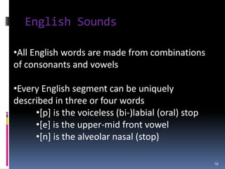 The English AlphabetThe English alphabet has 26 letters but there are over 40 different speech sounds:5 vowel and 21 consonant letters of the alphabetAbout 20 vowel sounds and 24 consonant sounds (depending on dialect)9