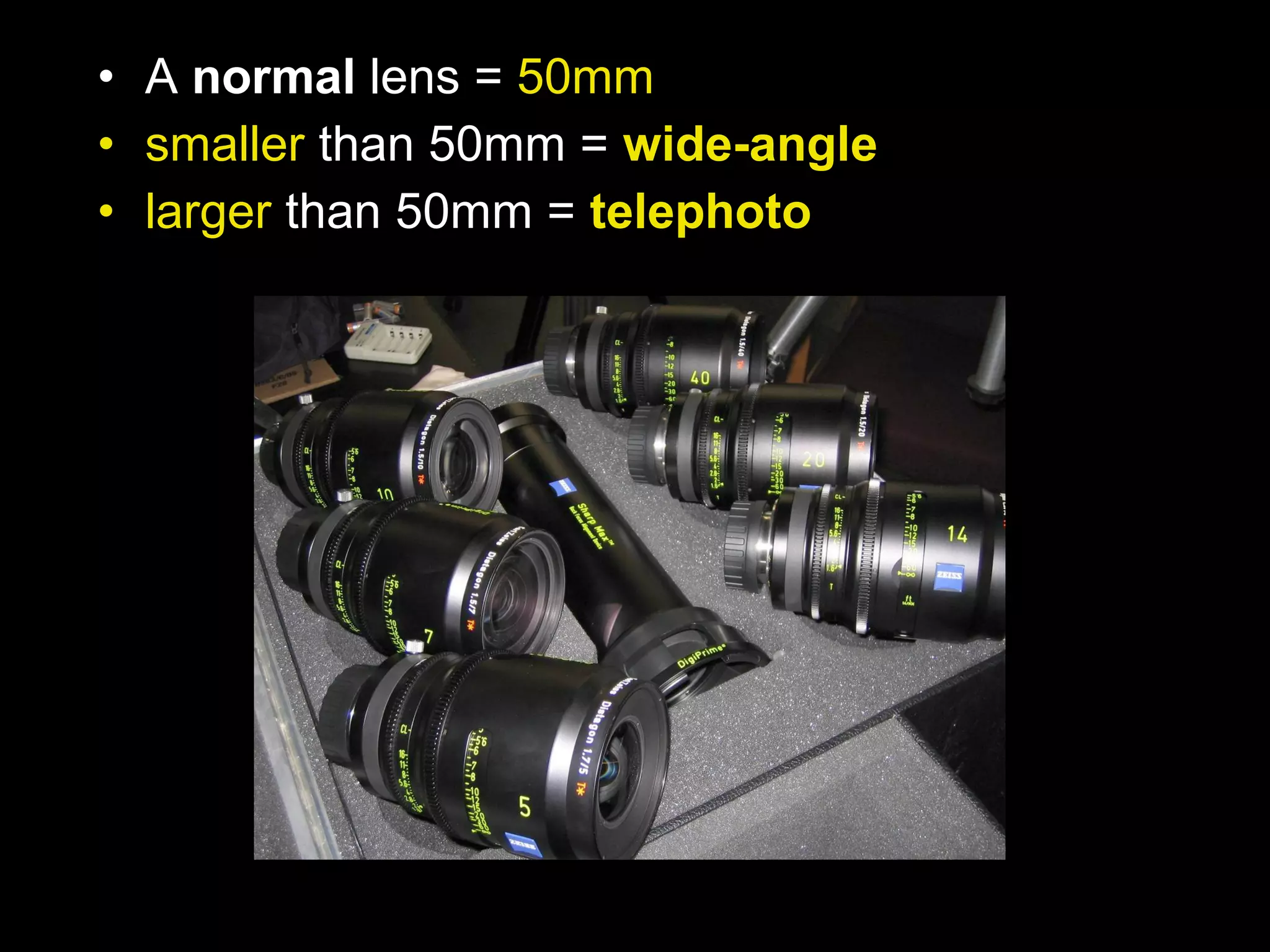 • A normal lens = 50mm
• smaller than 50mm = wide-angle
• larger than 50mm = telephoto
 