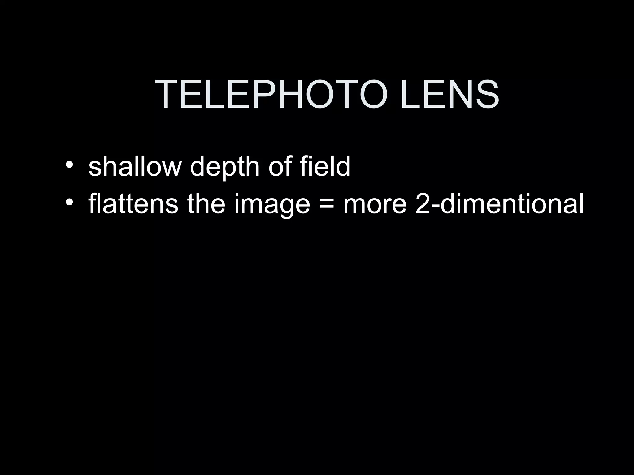 TELEPHOTO LENS
• shallow depth of field
• flattens the image = more 2-dimentional
 