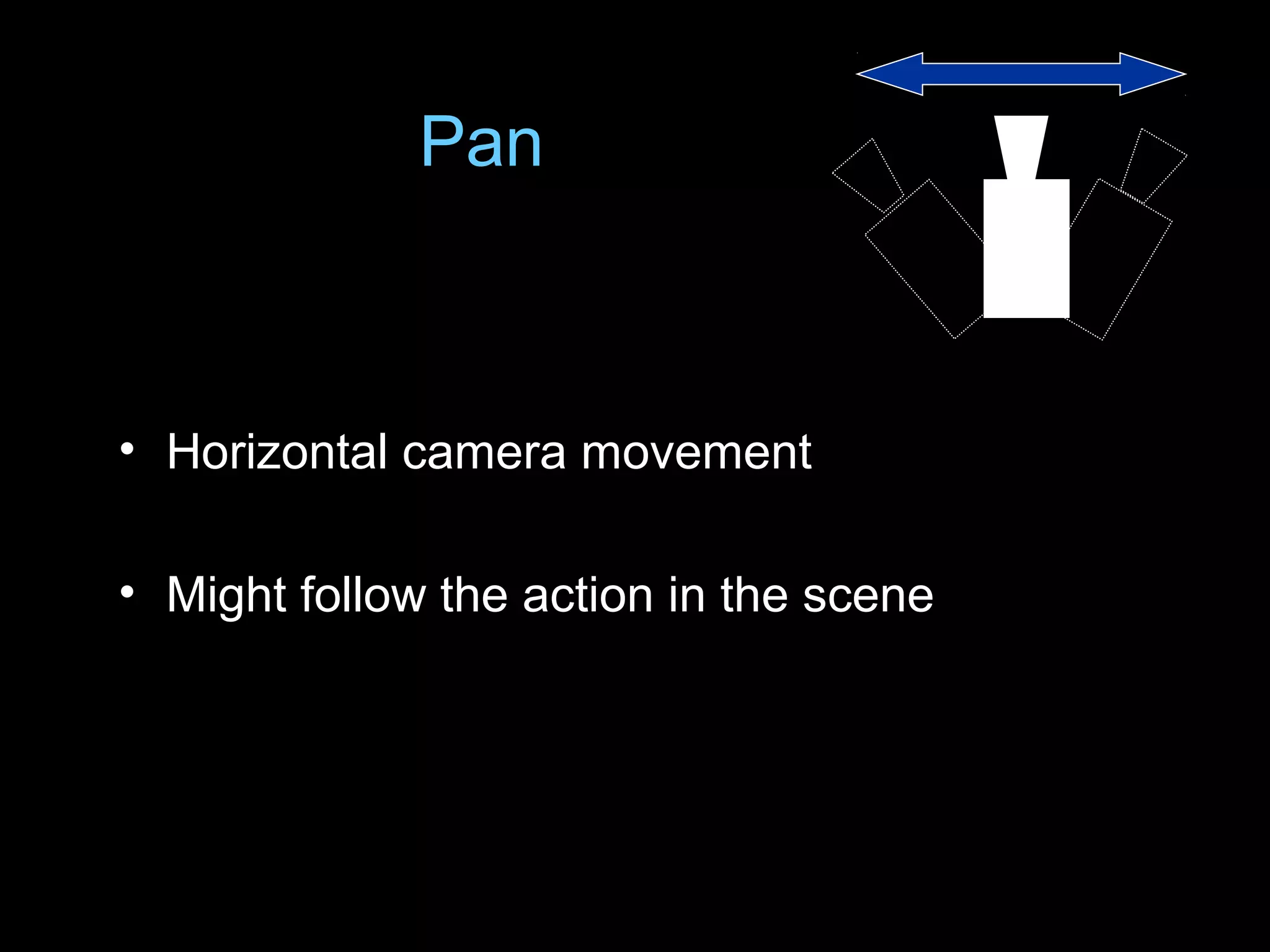 Pan
• Horizontal camera movement
• Might follow the action in the scene
 