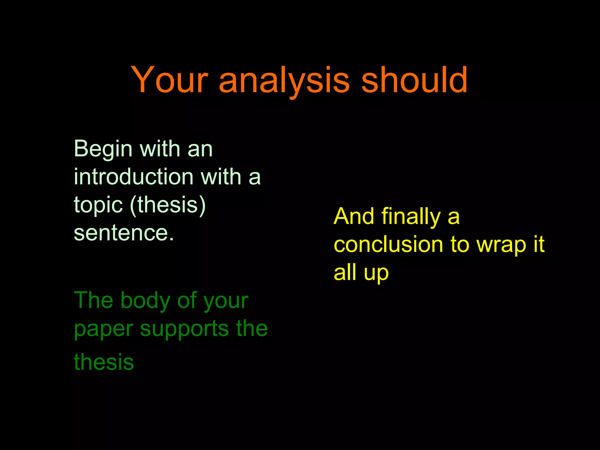 Your analysis should
Begin with an
introduction with a
topic (thesis)
sentence.
The body of your
paper supports the
thesis
And finally a
conclusion to wrap it
all up
 
