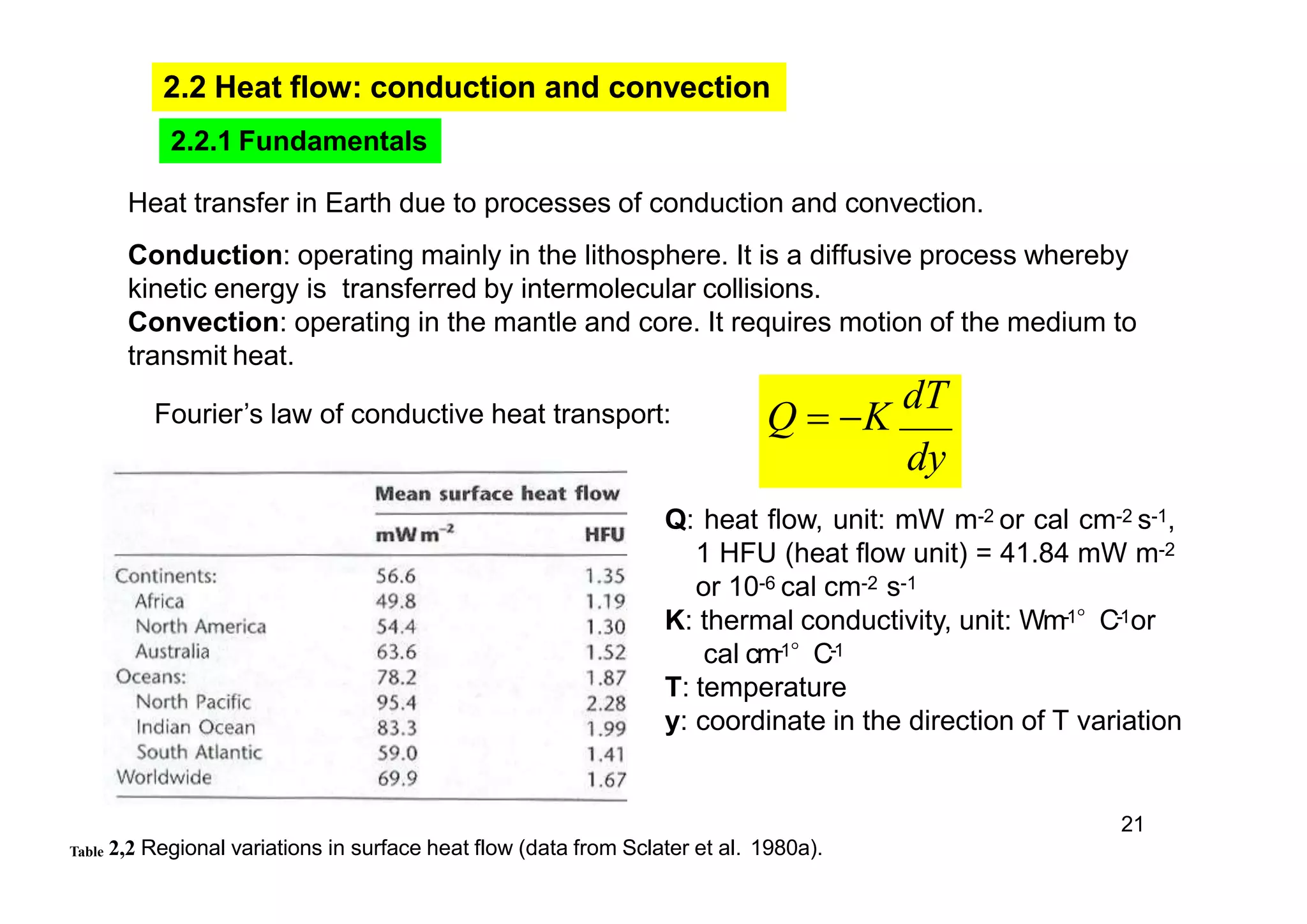 2.2 Heat flow: conduction and convection
2.2.1 Fundamentals
Heat transfer in Earth due to processes of conduction and convection.
Conduction: operating mainly in the lithosphere. It is a diffusive process whereby
kinetic energy is transferred by intermolecular collisions.
Convection: operating in the mantle and core. It requires motion of the medium to
transmit heat.
Q  K
dT
dy
21
Table 2,2 Regional variations in surface heat flow (data from Sclater et al. 1980a).
Fourier’s law of conductive heat transport:
Q: heat flow, unit: mW m-2 or cal cm-2 s-1,
1 HFU (heat flow unit) = 41.84 mW m-2
or 10-6 cal cm-2 s-1
K: thermal conductivity, unit: Wm-1°C-1or
cal cm-1°C-1
T: temperature
y: coordinate in the direction of T variation
 