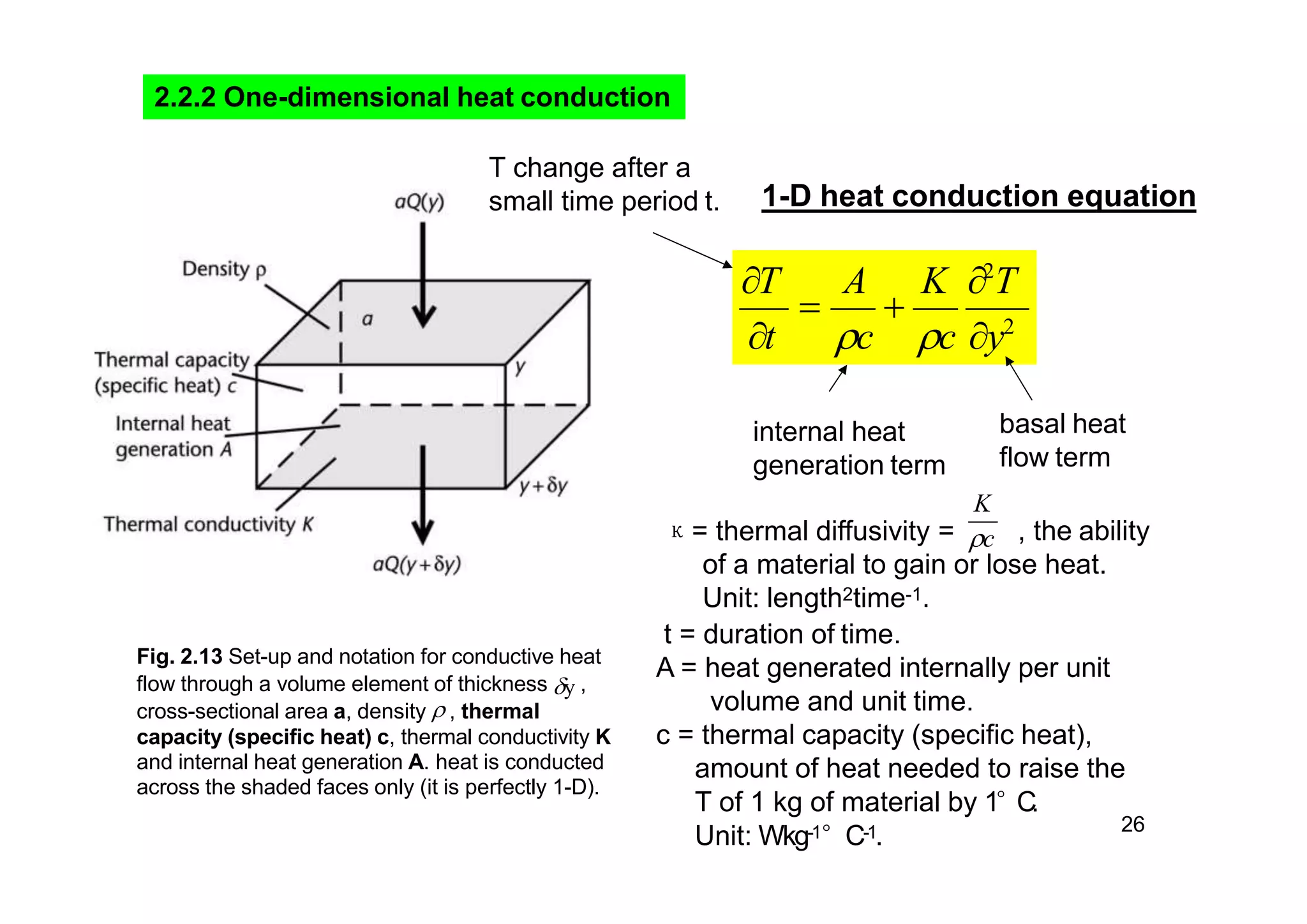 26
Fig. 2.13 Set-up and notation for conductive heat
flow through a volume element of thickness y ,
cross-sectional area a, density  , thermal
capacity (specific heat) c, thermal conductivity K
and internal heat generation A. heat is conducted
across the shaded faces only (it is perfectly 1-D).
2.2.2 One-dimensional heat conduction
 
T A K 2
T
t c c y2
1-D heat conduction equation
, the ability
of a material to gain or lose heat.
Unit: length2time-1.
K
κ= thermal diffusivity = c
t = duration of time.
A = heat generated internally per unit
volume and unit time.
c = thermal capacity (specific heat),
amount of heat needed to raise the
T of 1 kg of material by 1°C.
Unit: Wkg-1°C-1.
T change after a
small time period t.
internal heat
generation term
basal heat
flow term
 