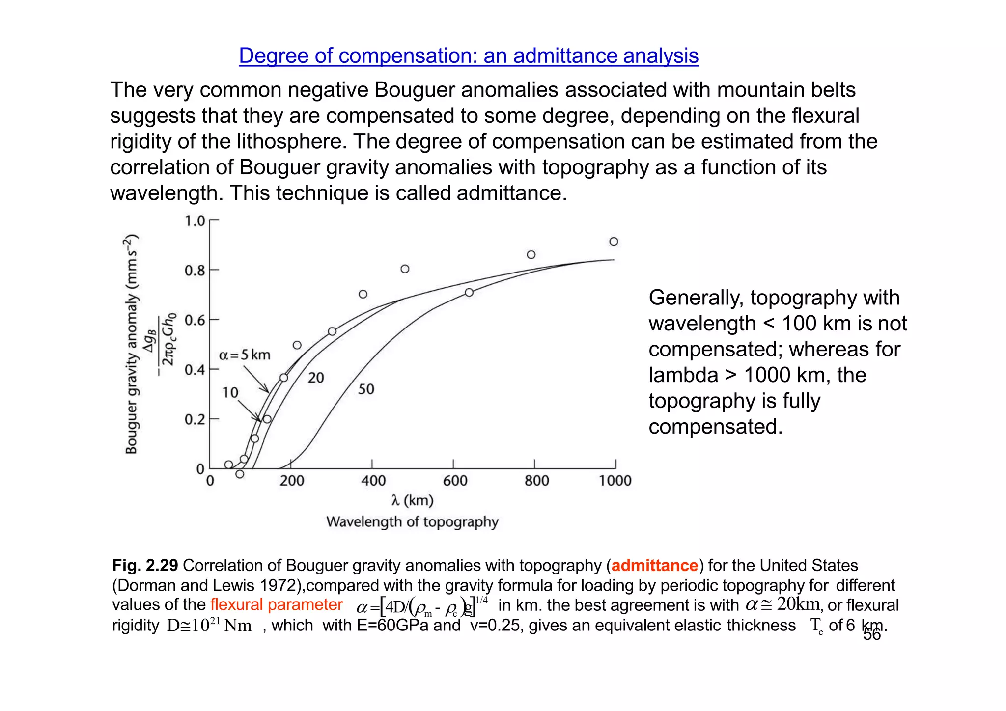 Fig. 2.29 Correlation of Bouguer gravity anomalies with topography (admittance) for the United States
(Dorman and Lewis 1972),compared with the gravity formula for loading by periodic topography for different
rigidity , which with E=60GPa and v=0.25, gives an equivalent elastic thickness of 6e 56
km.
1/4
m c 4D/ -  g in km. the best agreement is with   20km, or flexuralvalues of the flexural parameter
D1021
Nm T
Generally, topography with
wavelength < 100 km is not
compensated; whereas for
lambda > 1000 km, the
topography is fully
compensated.
Degree of compensation: an admittance analysis
The very common negative Bouguer anomalies associated with mountain belts
suggests that they are compensated to some degree, depending on the flexural
rigidity of the lithosphere. The degree of compensation can be estimated from the
correlation of Bouguer gravity anomalies with topography as a function of its
wavelength. This technique is called admittance.
 