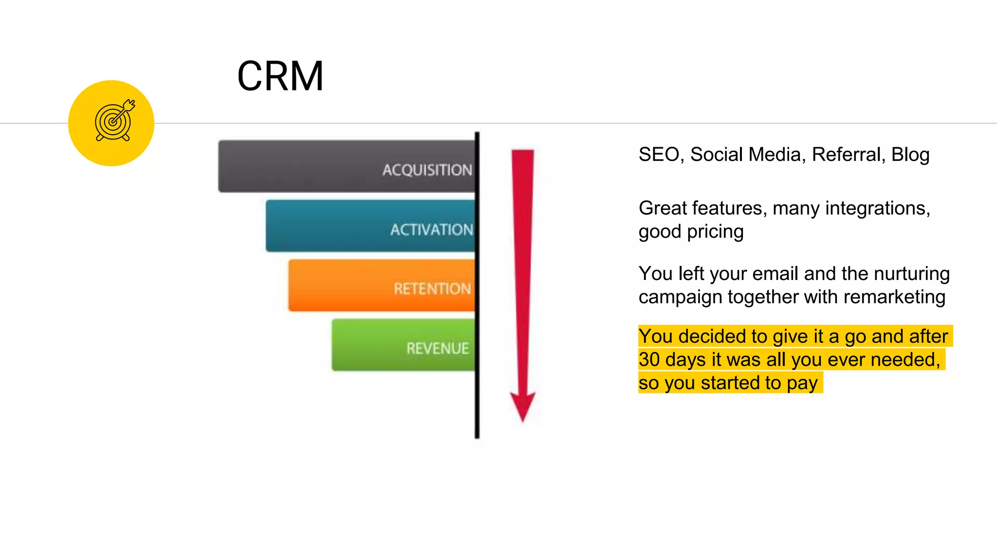 You decided to give it a go and after
30 days it was all you ever needed,
so you started to pay
CRM
You left your email and the nurturing
campaign together with remarketing
Great features, many integrations,
good pricing
SEO, Social Media, Referral, Blog
 