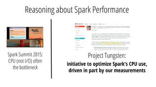 Reasoning about Spark Performance
Spark Summit 2015:
CPU (not I/O) often
the bottleneck
Project Tungsten:
initiative to optimize Spark’s CPU use,
driven in part by our measurements
 