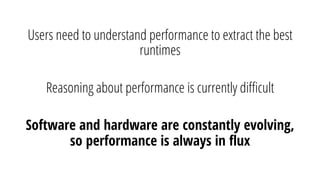 Users need to understand performance to extract the best
runtimes
Reasoning about performance is currently diﬃcult
Software and hardware are constantly evolving,
so performance is always in ﬂux
 