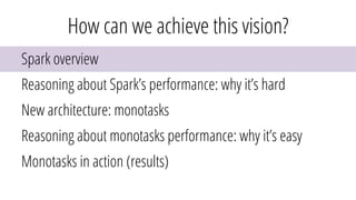 How can we achieve this vision?
Spark overview
Reasoning about Spark’s performance: why it’s hard
New architecture: monotasks
Reasoning about monotasks performance: why it’s easy
Monotasks in action (results)
 