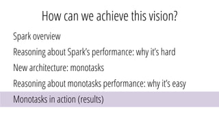 How can we achieve this vision?
Spark overview
Reasoning about Spark’s performance: why it’s hard
New architecture: monotasks
Reasoning about monotasks performance: why it’s easy
Monotasks in action (results)
 