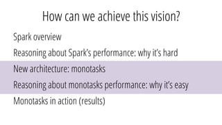 How can we achieve this vision?
Spark overview
Reasoning about Spark’s performance: why it’s hard
New architecture: monota...