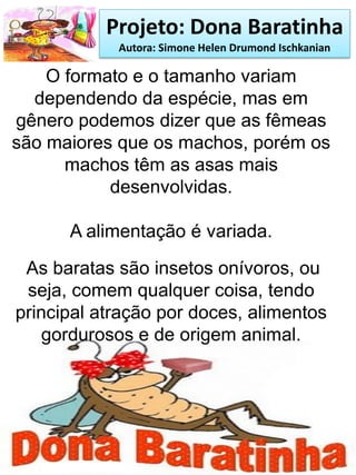 Projeto: Dona Baratinha
Autora: Simone Helen Drumond Ischkanian
O formato e o tamanho variam
dependendo da espécie, mas em
gênero podemos dizer que as fêmeas
são maiores que os machos, porém os
machos têm as asas mais
desenvolvidas.
A alimentação é variada.
As baratas são insetos onívoros, ou
seja, comem qualquer coisa, tendo
principal atração por doces, alimentos
gordurosos e de origem animal.
 