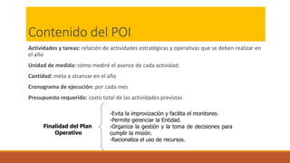 Contenido del POI
Actividades y tareas: relación de actividades estratégicas y operativas que se deben realizar en
el año
Unidad de medida: cómo mediré el avance de cada actividad.
Cantidad: meta a alcanzar en el año
Cronograma de ejecución: por cada mes
Presupuesto requerido: costo total de las actividades previstas
Finalidad del Plan
Operativo
-Evita la improvización y facilita el monitoreo.
-Permite gerenciar la Entidad.
-Organiza la gestión y la toma de decisiones para
cumplir la misión.
-Racionaliza el uso de recursos.
 