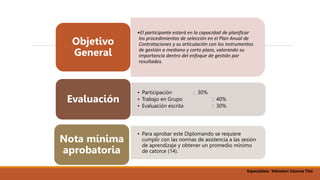 •El participante estará en la capacidad de planificar
los procedimientos de selección en el Plan Anual de
Contrataciones y su articulación con los instrumentos
de gestión a mediano y corto plazo, valorando su
importancia dentro del enfoque de gestión por
resultados.
Objetivo
General
• Participación : 30%
• Trabajo en Grupo : 40%
• Evaluación escrita : 30%
Evaluación
• Para aprobar este Diplomando se requiere
cumplir con las normas de asistencia a las sesión
de aprendizaje y obtener un promedio mínimo
de catorce (14).
Nota mínima
aprobatoria
Especialista Yohnston Cáceres Tito
 