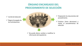 ÓRGANO ENCARGADO DEL
PROCEDIMIENTO DE SELECCIÓN
 Comité de Selección
 Órgano Encargado de
las Contrataciones
 Preparación los documentos del
procedimiento.
 Conduce (toma decisiones) y
realiza el procedimientos de
selección
 No puede alterar, cambiar o modificar la
información del expediente.
Especialista Yohnston Cáceres Tito
 