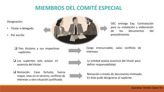 La entidad evalúa ausencia del titular para
definir responsabilidad.
Cargo irrenunciable, salvo conflicto de
intereses.
 Los suplentes solo actúan en
ausencia del titular.
 Remoción: Caso fortuito, fuerza
mayor, cese en el servicio, conflicto de
intereses u otra situación justificada.
 Tres titulares y sus respectivos
suplentes.
Remoción a través de documento motivado.
En éste pude designarse al suplente.
Designación:
• Titular o delegado
• Por escrito
MIEMBROS DEL COMITÉ ESPECIAL
OEC entrega Exp. Contratación
para su instalación y elaboración
de los documentos del
procedimiento.
Especialista Yohnston Cáceres Tito
 