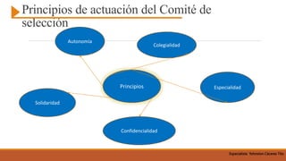 Principios
Principios de actuación del Comité de
selección
Especialidad
Colegialidad
Autonomía
Solidaridad
Confidencialidad
Especialista Yohnston Cáceres Tito
 