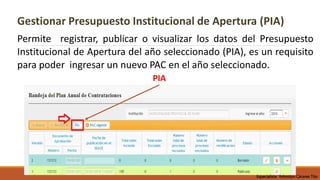 Permite registrar, publicar o visualizar los datos del Presupuesto
Institucional de Apertura del año seleccionado (PIA), es un requisito
para poder ingresar un nuevo PAC en el año seleccionado.
Gestionar Presupuesto Institucional de Apertura (PIA)
PIA
Especialista Yohnston Cáceres Tito
 