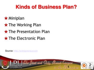 8
Kinds of Business Plan?
★Miniplan
★The Working Plan
★The Presentation Plan
★The Electronic Plan
888
Source: http://entre...