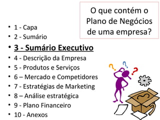 O que contém o
                            Plano de Negócios
• 1 - Capa
• 2 - Sumário
                            de uma empresa?
• 3 - Sumário Executivo
•   4 - Descrição da Empresa
•   5 - Produtos e Serviços
•   6 – Mercado e Competidores
•   7 - Estratégias de Marketing
•   8 – Análise estratégica
•   9 - Plano Financeiro
•   10 - Anexos
 