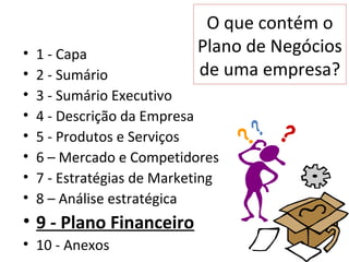 O que contém o
•   1 - Capa                Plano de Negócios
•   2 - Sumário             de uma empresa?
•   3 - Sumário Executivo
•   4 - Descrição da Empresa
•   5 - Produtos e Serviços
•   6 – Mercado e Competidores
•   7 - Estratégias de Marketing
•   8 – Análise estratégica
• 9 - Plano Financeiro
• 10 - Anexos
 
