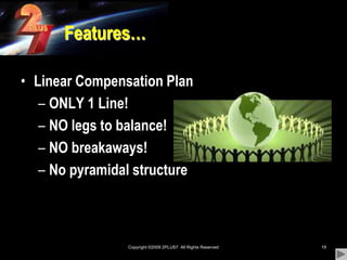 Copyright ©2009 2PLUS7  All Rights Reserved19Features…Linear Compensation PlanONLY 1 Line!NO legs to balance!NO breakaways!No pyramidal structure