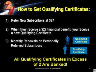 Copyright ©2009 2PLUS7  All Rights Reserved24How to Get Qualifying Certificates:Refer New Subscribers at $27 When they receive a $27 financial benefit, you receive a new Qualifying Certificate3)   Monthly Renewals on Personally	  Referred SubscribersQualifying CertificateQualifying CertificateAll Qualifying Certificates in Excess of 2 Are Banked!