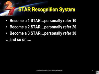 Copyright ©2009 2PLUS7  All Rights Reserved30STAR Recognition SystemBecome a 1 STAR…personally refer 10Become a 2 STAR…personally refer 20Become a 3 STAR…personally refer 30…and so on….
