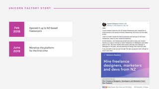 June
2019
Monetize the platform
for the first time
U N I C O R N F A C T O R Y S T O R Y
Feb
2018
Opened it up to NZ-based
freelancers
 