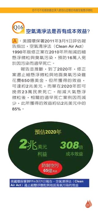 你不可不知易致癌並深入肺泡心血管的有害空氣懸浮微粒




Q16
      空氣清淨法是否有成本效益?
  ：美國環保署2011年3月1日評估報
告指出，空氣清淨法（Clean Air Act）
1990年版修正案在2010年所削減的細
懸浮微粒與臭氧污染，預防16萬人免
於因污染而過早死亡。
   報告並推斷，到了2020年，修正
案遏止細懸浮微粒與地面臭氧污染雖
花費650億美金，但所獲得的效益，
可達約2兆美元，而單在2020年即可
挽救23萬民眾死亡。削減大氣懸浮
微粒後，相關的過早死亡案例因而減
少，此所獲得的效益約佔2兆美元中的
85%。




                             21
 