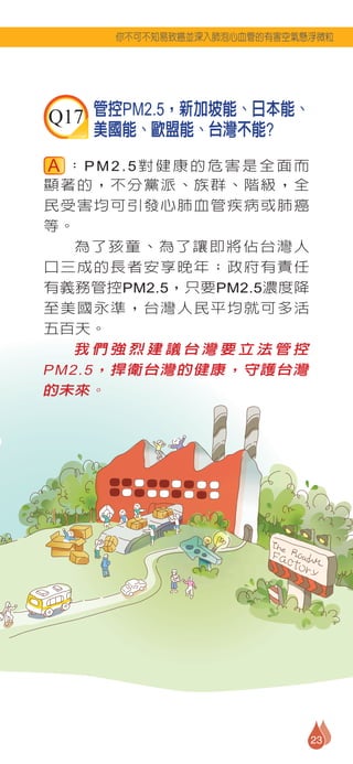 你不可不知易致癌並深入肺泡心血管的有害空氣懸浮微粒




Q17 管控PM2.5，新加坡能、日本能、
   美國能、歐盟能、台灣不能?
  ：PM2.5對健康的危害是全面而
顯著的，不分黨派、族群、階級，全
民受害均可引發心肺血管疾病或肺癌
等。
   為了孩童、為了讓即將佔台灣人
口三成的長者安享晚年；政府有責任
有義務管控PM2.5，只要PM2.5濃度降
至美國永準，台灣人民平均就可多活
五百天。
   我們強烈建議台灣要立法管控
PM2.5，捍衛台灣的健康，守護台灣
的未來。




                           23
 
