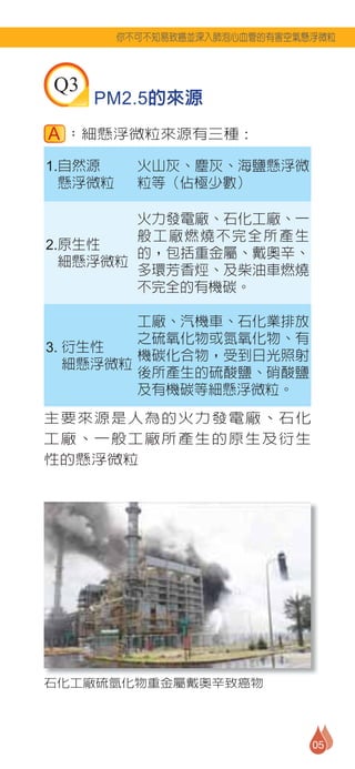 你不可不知易致癌並深入肺泡心血管的有害空氣懸浮微粒



Q3
     PM2.5的來源
 ：細懸浮微粒來源有三種 :

1.自然源      火山灰、塵灰、海鹽懸浮微
  懸浮微粒     粒等（佔極少數）

        火力發電廠、石化工廠、一
        般工廠燃燒不完全所產生
2.原生性
        的，包括重金屬、戴奧辛、
  細懸浮微粒
        多環芳香烴、及柴油車燃燒
        不完全的有機碳。

         工廠、汽機車、石化業排放
         之硫氧化物或氮氧化物、有
3. 衍生性
         機碳化合物，受到日光照射
   細懸浮微粒
         後所產生的硫酸鹽、硝酸鹽
         及有機碳等細懸浮微粒。

主要來源是人為的火力發電廠、石化
工廠、一般工廠所產生的原生及衍生
性的懸浮微粒




石化工廠硫氫化物重金屬戴奧辛致癌物




                               05
 
