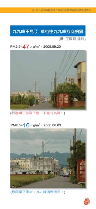 你不可不知易致癌並深入肺泡心血管的有害空氣懸浮微粒




 九九峰不見了 草屯往九九峰方向拍攝
                         (攝: 王國翹 提供)

PM2.5=   47μg/m 。2005.09.20
                3




(若連續三天沒下雨，不見九九峰。)


PM2.5=   16μg/m 。2006.06.03
                3




(梅雨季下雨後，九九峰清晰可見。)


                                   07
 