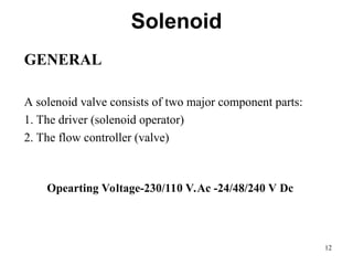 Solenoid
GENERAL
A solenoid valve consists of two major component parts:
1. The driver (solenoid operator)
2. The flow controller (valve)
12
Opearting Voltage-230/110 V.Ac -24/48/240 V Dc
 