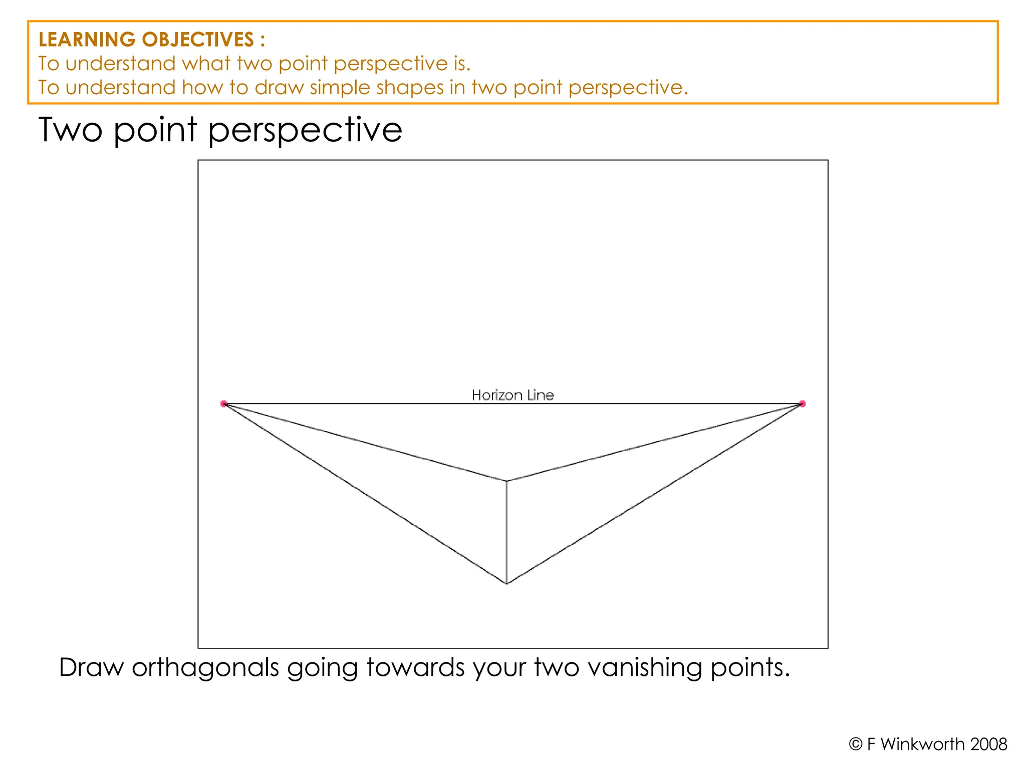Two point perspective
Draw orthagonals going towards your two vanishing points.
LEARNING OBJECTIVES :
To understand what two point perspective is.
To understand how to draw simple shapes in two point perspective.
© F Winkworth 2008
 