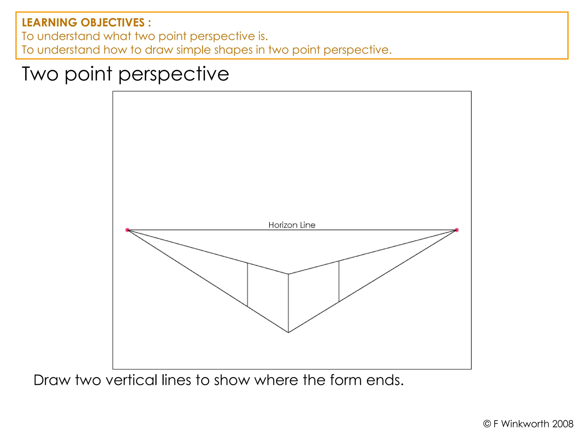 Two point perspective
Draw two vertical lines to show where the form ends.
LEARNING OBJECTIVES :
To understand what two point perspective is.
To understand how to draw simple shapes in two point perspective.
© F Winkworth 2008
 