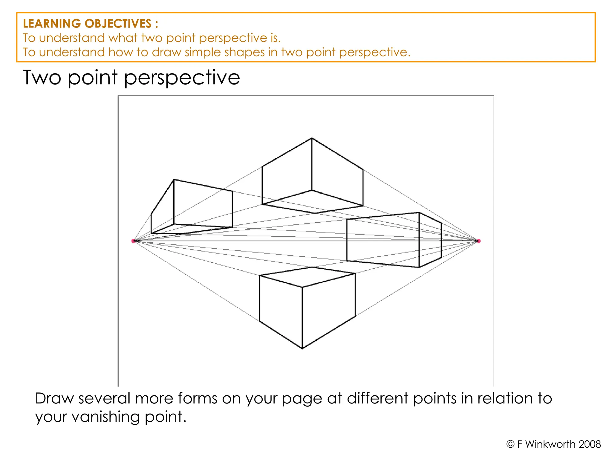 Two point perspective
Draw several more forms on your page at different points in relation to
your vanishing point.
LEARNING OBJECTIVES :
To understand what two point perspective is.
To understand how to draw simple shapes in two point perspective.
© F Winkworth 2008
 