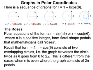 Graphs in Polar Coordinates
Here is a sequence of graphs for r = 1 – kcos(θ).



r = 1 – (1/4)cos(θ)   r = 1 – (1/2)cos(θ)   r = 1 – 1cos(θ)   r = 1 – 2cos(θ)   r = 1 – 4cos(θ)

The Roses
Polar equations of the forms r = sin(nθ) or r = cos(nθ),
 where n is a positive integer, form floral shape pedals
that mathematicians call “roses”.
Recall that for n = 1, r = cos(θ) consists of two
overlapping circles, i.e. the graph traverses the circle
twice as θ goes from 0 to 2π. This is different from the
cases when n is even where the graph consists of 2n
pedals.
 