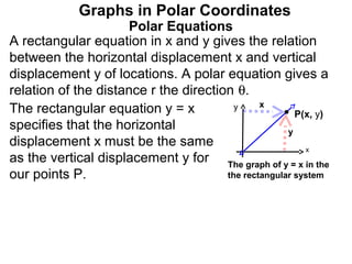 Graphs in Polar Coordinates
                     Polar Equations
A rectangular equation in x and y gives the relation
between the horizontal displacement x and vertical
displacement y of locations. A polar equation gives a
relation of the distance r the direction θ.
                                               x
The rectangular equation y = x           y
                                                       P(x, y)
specifies that the horizontal                        y
displacement x must be the same                          x
as the vertical displacement y for The graph of y = x in the
our points P.                          the rectangular system
 