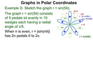 Graphs in Polar Coordinates
Example D. Sketch the graph r = sin(5θ).
                                         2π/5
The graph r = sin(5θ) consists                 π/5
of 5 pedals sit evenly in 10        –  + – (1, π/10) =
                                                 (–1, 11π/10)
wedges each having a radial       +           +
                                                   0
angle of π/5.                     –           –
When n is even, r = |sin(nθ)|       + – +
has 2n pedals 0 to 2π.                        r = sin(5θ)
 