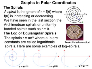 Graphs in Polar Coordinates
The Spirals
A spiral is the graph of r = f(θ) where                 x
f(θ) is increasing or decreasing.
We have seen in the last section the               r=θ
Archimedean spirals or uniformly
banded spirals such as r = θ.
The Log or Equiangular Spirals
The spirals r = aebθ where a, b are
constants are called logarithmic        An Archimedean spiral
 spirals. Here are some examples of log–spirals.




           r = e0.15θ           r = e0.35θ           r = e0.75θ
 
