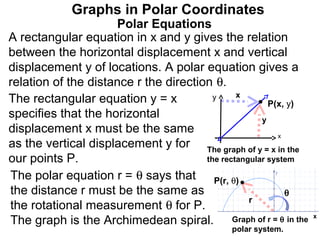 Graphs in Polar Coordinates
                     Polar Equations
A rectangular equation in x and y gives the relation
between the horizontal displacement x and vertical
displacement y of locations. A polar equation gives a
relation of the distance r the direction θ.
                                               x
The rectangular equation y = x           y
                                                       P(x, y)
specifies that the horizontal                        y
displacement x must be the same                          x
as the vertical displacement y for The graph of y = x in the
our points P.                          the rectangular system

The polar equation r = θ says that P(r, θ)
the distance r must be the same as                         θ
                                                  r
the rotational measurement θ for P.
                                                                 x
The graph is the Archimedean spiral. Graph of r = θ in the
                                              polar system.
 