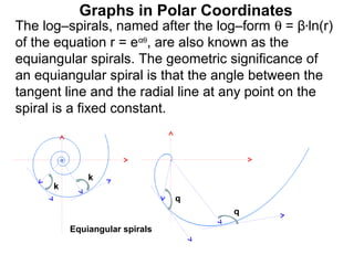 Graphs in Polar Coordinates
The log–spirals, named after the log–form θ = β*ln(r)
of the equation r = eαθ, are also known as the
equiangular spirals. The geometric significance of
an equiangular spiral is that the angle between the
tangent line and the radial line at any point on the
spiral is a fixed constant.



              k
      k
                                q
                                    q

          Equiangular spirals
 