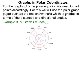 Graphs in Polar Coordinates
For the graphs of other polar equation we need to plot
points accordingly. For this we will use the polar graph
paper such as the one shown here which is gridded in
terms of the distances and directional angles.
Example B. a. Graph r = 3cos(θ).
 