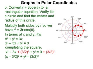 Graphs in Polar Coordinates
b. Convert r = 3cos(θ) to a
rectangular equation. Verify it’s
a circle and find the center and
radius of this circle.
Multiply both sides by r so we
have r2 = 3r*cos(θ).                     3

In terms of x and y, it’s
x2 + y2 = 3x
 x2 – 3x + y2 = 0
completing the square,
 x2 – 3x + (3/2)2 + y2 = 0 + (3/2)2
(x – 3/2)2 + y2 = (3/2)2
 