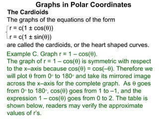 Graphs in Polar Coordinates
The Cardioids
The graphs of the equations of the form
 r = c(1 ± cos(θ))
 r = c(1 ± sin(θ))
are called the cardioids, or the heart shaped curves.
Example C. Graph r = 1 – cos(θ).
The graph of r = 1 – cos(θ) is symmetric with respect
to the x–axis because cos(θ) = cos(–θ). Therefore we
will plot θ from 0o to 180o and take its mirrored image
across the x–axis for the complete graph. As θ goes
from 0o to 180o, cos(θ) goes from 1 to –1, and the
expression 1 – cos(θ) goes from 0 to 2. The table is
shown below, readers may verify the approximate
values of r’s.
 
