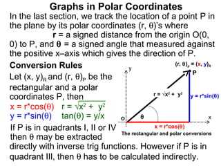 Graphs in Polar Coordinates
In the last section, we track the location of a point P in
the plane by its polar coordinates (r, θ)’s where
             r = a signed distance from the origin O(0,
0) to P, and θ = a signed angle that measured against
the positive x–axis which gives the direction of P.
Conversion Rules                                       (r, θ) = (x, y)
                                                                p     R
                                   y
                                                               P
Let (x, y)R and (r, θ)P be the
rectangular and a polar
                                              r = √x + y2   2
coordinates P, then                                           y = r*sin(θ)

x = r*cos(θ) r = √x2 + y2
y = r*sin(θ) tan(θ) = y/x        O       θ                            x

If P is in quadrants I, II or IV              x = r*cos(θ)
                                 The rectangular and polar conversions
then θ may be extracted
directly with inverse trig functions. However if P is in
quadrant IIl, then θ has to be calculated indirectly.
 