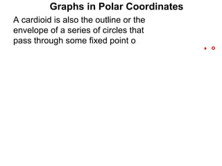 Graphs in Polar Coordinates
A cardioid is also the outline or the
envelope of a series of circles that
pass through some fixed point o
                                        o
 
