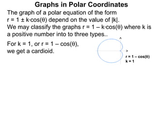 Graphs in Polar Coordinates
The graph of a polar equation of the form
r = 1 ± k*cos(θ) depend on the value of |k|.
We may classify the graphs r = 1 – k*cos(θ) where k is
a positive number into to three types..
For k = 1, or r = 1 – cos(θ),
we get a cardioid.
                                            r = 1 – cos(θ)
                                            k=1
 